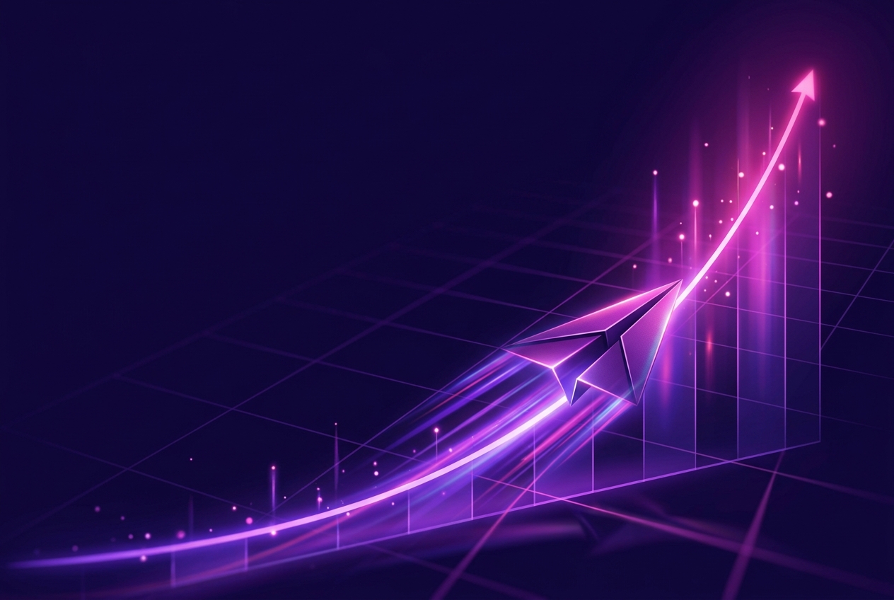 Paper plane climbing a glowing curve