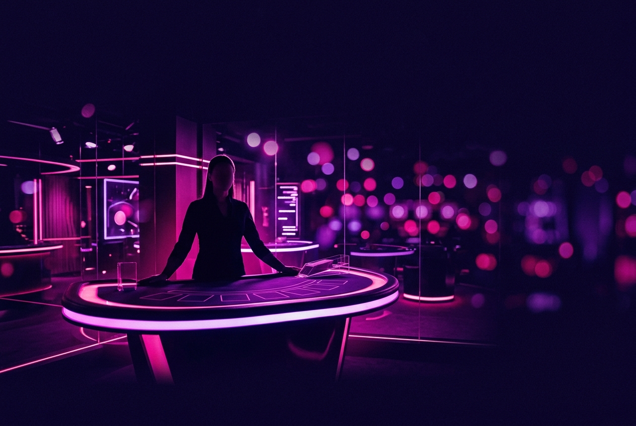 Silhouette of a live casino dealer at a lit table
