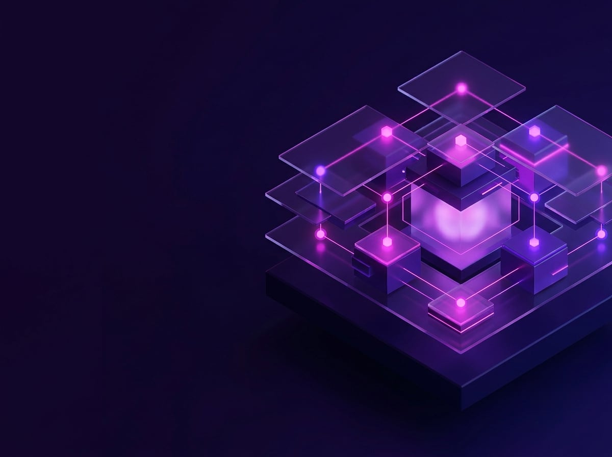 Illustration of connected platform modules glowing on a purple background