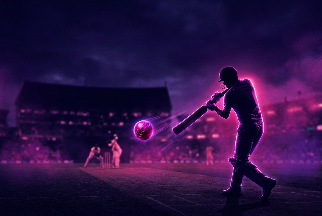 Cricket batter hitting a glowing ball under stadium lights