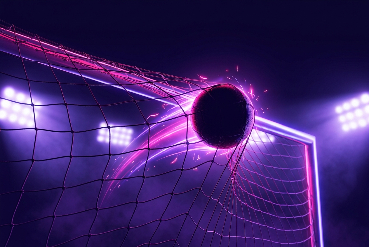 Soccer ball striking the back of the net with a glowing trail
