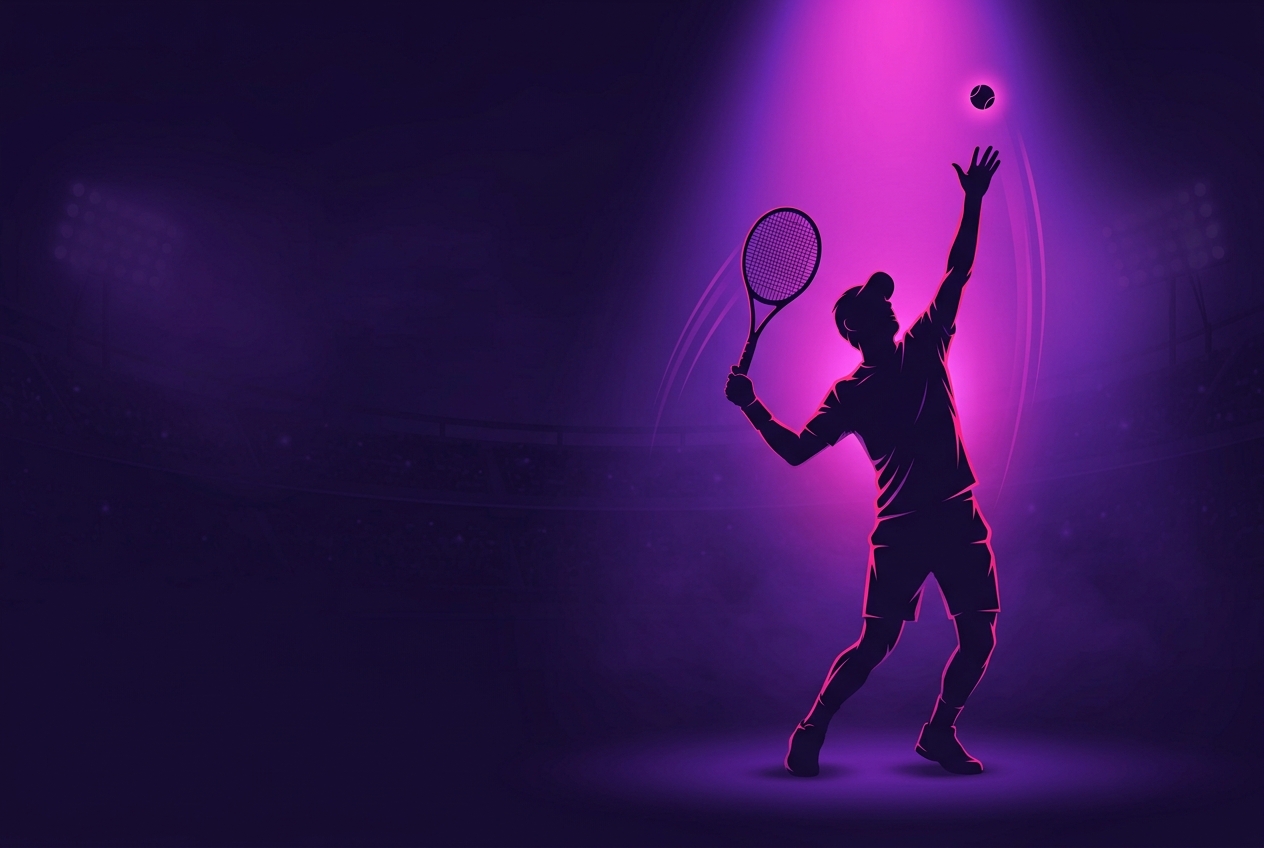 Tennis player serving in a spotlight